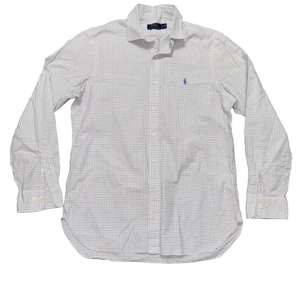 Polo Ralph Lauren Men's Long Sleeve Button Shirt Size 16 Neck White Blue Plaid